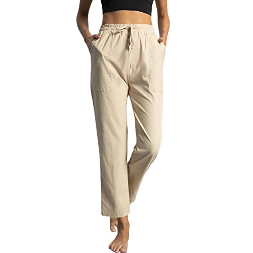 Leinenhose Damen Sommer 7/8 - Sommerhose Damen Leicht und Luftig Weite Hose mit Gummizug Drawstring Palazzo Freizeithose Stoffhose Bequeme Strandhose Straight Bein Lange Hosen für Frauen von Generic