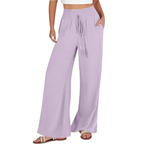 Leinenhose Damen Sommer Freizeit Hose Lang Locker Sommerhose Casual Einfarbig Leinenhose Baumwolle Gerades Bein Bequeme Stoffhose Leicht Einfarbig Strandhose mit Kordelzug und Taschen von Generic