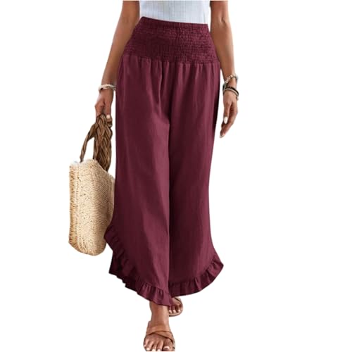 Leinenhose Damen Sommer Hose Casual Leinen Leicht Hosen Weites Bein Palazzo Freizeithose Hohe Taille Einfarbig Sommerhose,Rot,L von Generic