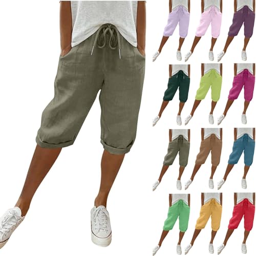 Leinenhose Damen Sommer Knielang Kurze Hosen Einfarbig Leicht und Luftig Leinenhose 3/4 Hohe Taille Locker Caprihose Mit Kordelzug Strandhose Bequeme Freizeithose Stoffhose Pants 3/4 Leinen Shorts von Generic
