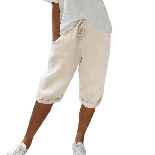 Leinenhose Damen Sommer Knielang Kurze Hosen Einfarbig Leicht und Luftig Leinenhose 3/4 Hohe Taille Locker Caprihose Mit Kordelzug Strandhose Bequeme Freizeithose Stoffhose Pants 3/4 Leinen Shorts von Generic