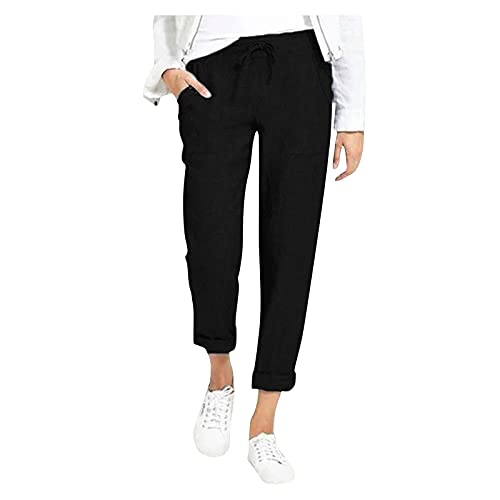 Leinenhose Damen Sommer Kordelzug Taschen Leinen Baumwolle 7/8 Hosen für Frauen Sommerhose Damen Leicht Haremshose Luftige Stoffhose Freizeithose Pumphose Caprihose Yogahose Jogginghose Sporthose von Generic