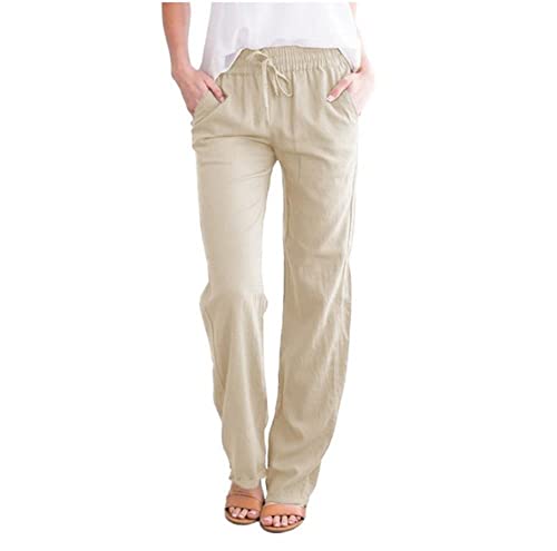 Leinenhose Damen Sommer Lang Leicht Stoffhose Strandhose Elegant Stretch Weites Bein Leinen Baumwolle Sommerhose Luftig Kurzgröße Pumphose Freizeithose mit Kordelzug und Taschen (Beige,3XL) von Generic