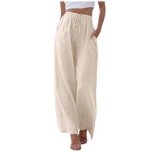 Leinenhose Damen Sommer Lang Lose Fit Sommerhose mit Tunnelzug Leicht Atmungsaktive Palazzo Hose Hohe Taille Weite Bein Freiziethose Einfarbig Leinen Hosen Strandhose Yogahose von Generic