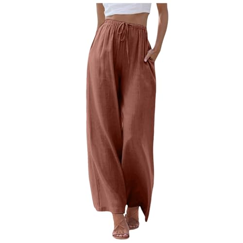 Leinenhose Damen Sommer Lang Lose Fit Sommerhose mit Tunnelzug Leicht Atmungsaktive Palazzo Hose Hohe Taille Weite Bein Freiziethose Einfarbig Leinen Hosen Strandhose Yogahose von Generic