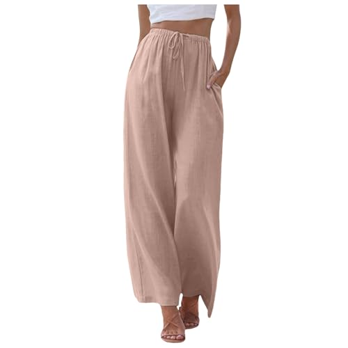 Leinenhose Damen Sommer Lang Lose Fit Sommerhose mit Tunnelzug Leicht Atmungsaktive Palazzo Hose Hohe Taille Weite Bein Freiziethose Einfarbig Leinen Hosen Strandhose Yogahose von Generic