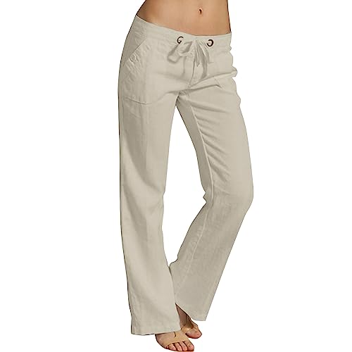 Leinenhose Damen Sommer Lang Weites Bein Baggy Sommerhose Damen Leinen Hose mit Gummizug Kordelzug Yoga Haremshose Damen Seitlich Offen Zum Schnürren Freizeithose Damen Lang Große Größen von Generic