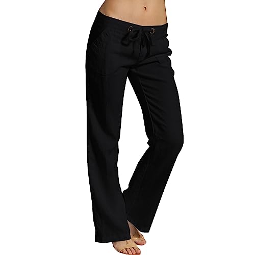 Leinenhose Damen Sommer Lang Weites Bein Baggy Sommerhose Damen Leinen Hose mit Gummizug Kordelzug Yoga Haremshose Damen Seitlich Offen Zum Schnürren Freizeithose Damen Lang Große Größen von Generic