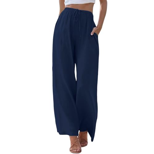 Leinenhose Damen Sommer Leicht - Freizeithose Casual Locker Palazzo Hose Weite Leg Sommerhose Einfarbig Strandhose Weich Bequem Stoffhose Hohe Taille Mit Tunnelzug Und Taschen von Generic