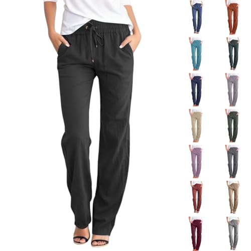 Leinenhose Damen Sommer Leicht Freizeithose Einfarbig Strandhose Yogahose Loose Fit Weite Beine Hose Sommerhose Gerades Bein Bequeme Stoffhose mit Kordelzug und Taschen von Generic