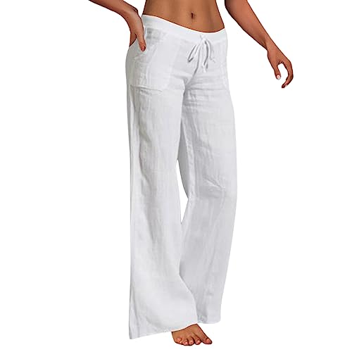 Leinenhose Damen Sommer Leicht Freizeithose Einfarbig Strandhose Yogahose Loose Fit Weite Beine Hose Sommerhose Gerades Bein Bequeme Stoffhose mit Kordelzug und Taschen von Generic