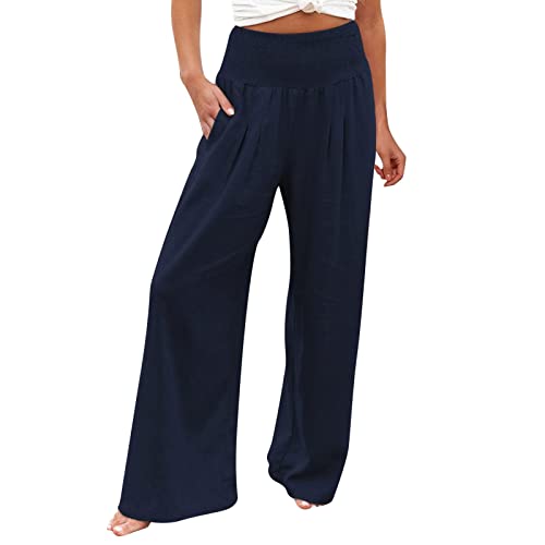 Leinenhose Damen Sommer Leicht Palazzo Hose Sommerhose Casual Bequeme Wide Leg Linen Pants High Waist Stoffhose Musselin Lang Lockere Freizeithose Strandhose mit Kordelzug A5- Marine XXL von Generic