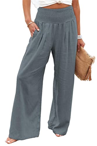 Leinenhose Damen Sommer Leichte Weite Hose Lange Boho Sommerhose Hohe Taille Elegant Stoffhose Casual Einfarbig Freizeithose Baumwolle Leinen Palazzo Hosen mit Taschen Sporthose Frauen (Grau,L) von Generic