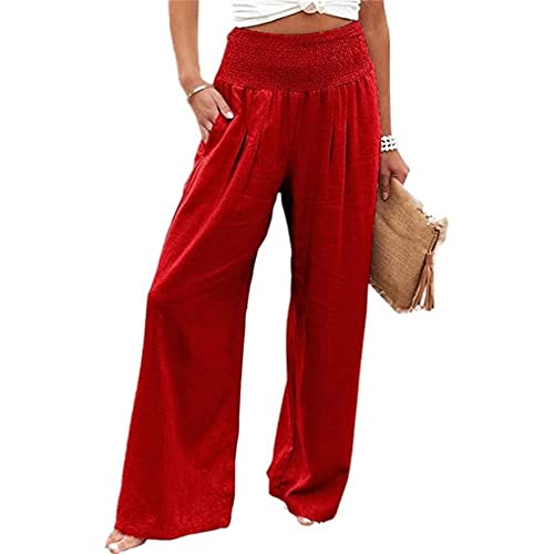 Leinenhose Damen Sommer Leichte Weite Hose Lange Boho Sommerhose Hohe Taille Elegant Stoffhose Casual Einfarbig Freizeithose Baumwolle Leinen Palazzo Hosen mit Taschen Sporthose Frauen (Rot,XL) von Generic