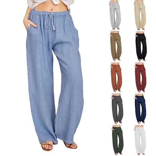 Leinenhose Damen Sommer Leinen Leicht Casual Locker Leinenhose Weites Bein Elegant Elastisch Hohe Taille Gerade Freizeithose Hohe Taille mit Tunnelzug und Taschen Boho Hose Strandhose von Generic