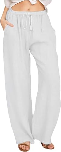 Leinenhose Damen Sommer Leinen Leicht Casual Locker Leinenhose Weites Bein Elegant Elastisch Hohe Taille Gerade Freizeithose Hohe Taille mit Tunnelzug und Taschen Boho Hose Strandhose von Generic