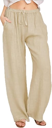 Leinenhose Damen Sommer Leinen Leicht Casual Locker Leinenhose Weites Bein Elegant Elastisch Hohe Taille Gerade Freizeithose Hohe Taille mit Tunnelzug und Taschen Boho Hose Strandhose von Generic