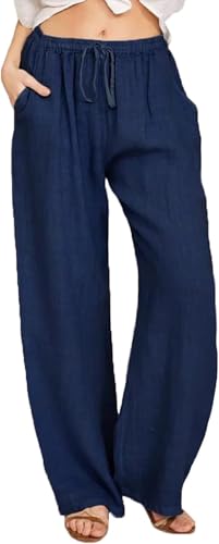 Leinenhose Damen Sommer Leinen Leicht Casual Locker Leinenhose Weites Bein Elegant Elastisch Hohe Taille Gerade Freizeithose Hohe Taille mit Tunnelzug und Taschen Boho Hose Strandhose von Generic