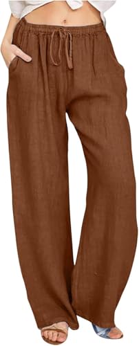 Leinenhose Damen Sommer Leinen Leicht Casual Locker Leinenhose Weites Bein Elegant Elastisch Hohe Taille Gerade Freizeithose Hohe Taille mit Tunnelzug und Taschen Boho Hose Strandhose von Generic