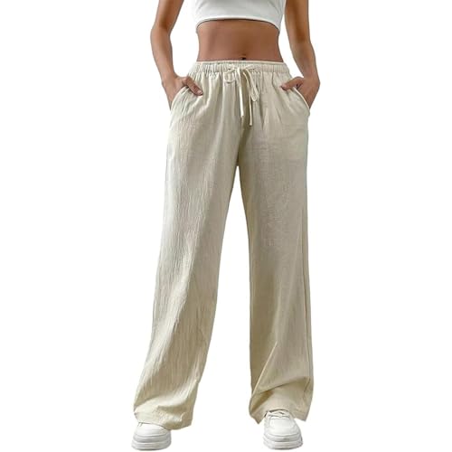 Leinenhose Damen Sommer Musselin Hosen Freizeithose Einfarbig Stoffhose Gerade Geschnitten Hose Sommerhose Strandhose mit Taschen Musselinhose Straight Bein von Generic