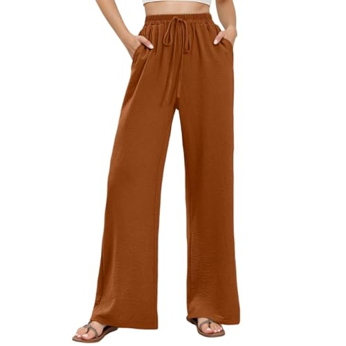 Leinenhose Damen Sommer Musselin Hosen Freizeithose Einfarbig Stoffhose Gerade Geschnitten Hose Sommerhose Strandhose mit Taschen Musselinhose Straight Bein von Generic