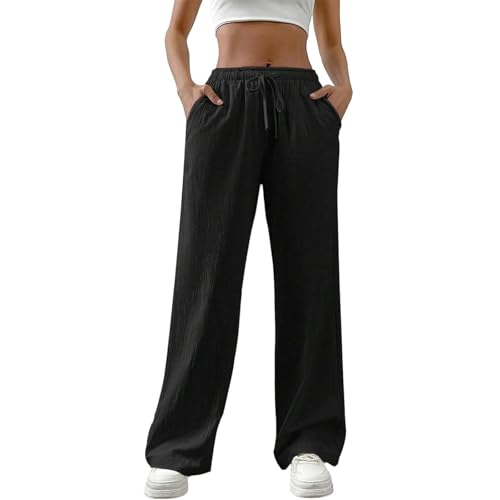 Leinenhose Damen Sommer Musselin Hosen Freizeithose Einfarbig Stoffhose Gerade Geschnitten Hose Sommerhose Strandhose mit Taschen Musselinhose Straight Bein von Generic
