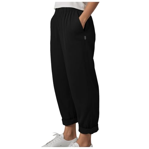 Leinenhose Damen Sommer Musselin Leinen Hosen Straight Leg Luftig Stoffhose Leicht Sommerhose Elegant Haremshose Casual Strandhose Freizeithose mit Taschen (Black, XL) von Generic