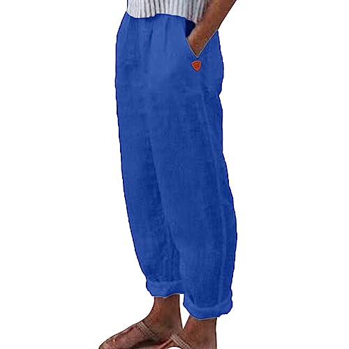 Leinenhose Damen Sommer Musselin Leinen Hosen Straight Leg Luftig Stoffhose Leicht Sommerhose Elegant Haremshose Casual Strandhose Freizeithose mit Taschen (Bright Blue, L) von Generic
