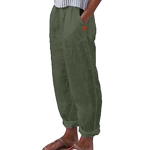 Leinenhose Damen Sommer Musselin Leinen Hosen Straight Leg Luftig Stoffhose Leicht Sommerhose Elegant Haremshose Casual Strandhose Freizeithose mit Taschen (Dark Green, XXL) von Generic