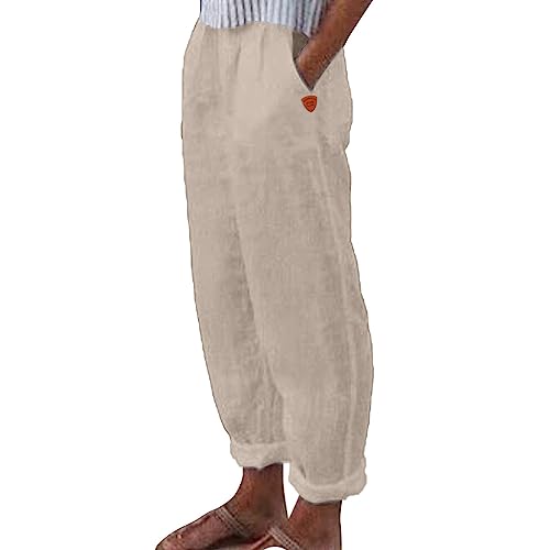Leinenhose Damen Sommer Musselin Leinen Hosen Straight Leg Luftig Stoffhose Leicht Sommerhose Elegant Haremshose Casual Strandhose Freizeithose mit Taschen (Dark Khaki, XXL) von Generic
