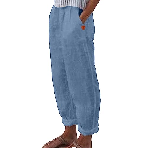 Leinenhose Damen Sommer Musselin Leinen Hosen Straight Leg Luftig Stoffhose Leicht Sommerhose Elegant Haremshose Casual Strandhose Freizeithose mit Taschen (Grey Blue, L) von Generic
