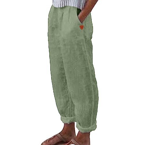 Leinenhose Damen Sommer Musselin Leinen Hosen Straight Leg Luftig Stoffhose Leicht Sommerhose Elegant Haremshose Casual Strandhose Freizeithose mit Taschen (Grey Green, XL) von Generic