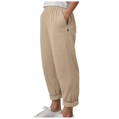 Leinenhose Damen Sommer Musselin Leinen Hosen Straight Leg Luftig Stoffhose Leicht Sommerhose Elegant Haremshose Casual Strandhose Freizeithose mit Taschen (Khaki, L) von Generic