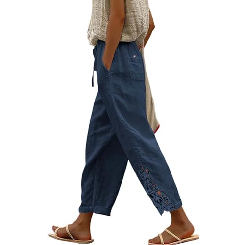 Leinenhose Damen Sommer Spitze High Waist Baggy 7/8 Lose Leinen Baumwolle Hose für Frauen Lang Sommerhose Damen Leicht Einfarbig Luftige Stoffhose Freizeithose Pumphose Yogahose Jogginghose Sporthose von Generic