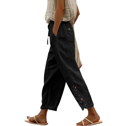 Leinenhose Damen Sommer Spitze High Waist Baggy 7/8 Lose Leinen Baumwolle Hose für Frauen Lang Sommerhose Damen Leicht Einfarbig Luftige Stoffhose Freizeithose Pumphose Yogahose Jogginghose Sporthose von Generic