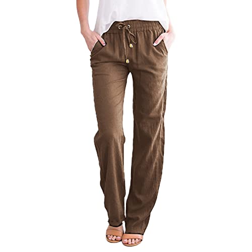 Leinenhose Damen lang Sommer Leichte Weite Hose Lange Boho Sommerhose Hohe Taille Elegant Stoffhose Casual Einfarbig Freizeithose Baumwolle Leinen Palazzo Hosen mit Taschen Sporthose Frauen zv01 von Generic