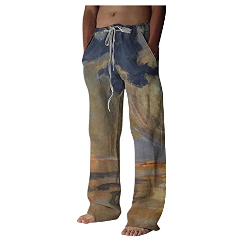 Leinenhose Herren Freizeithose Herren Baumwoll Sommerhose Drucken Lange Stoffhose Mode Fit Atmungsaktive Hose mit Taschen Größe Strandhose Kordelzug Hose Bw Hose Herren Gelb L von Generic