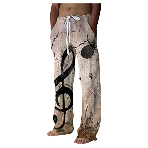 Leinenhose Herren Freizeithose Herren Baumwoll Sommerhose Drucken Lange Stoffhose Mode Fit Atmungsaktive Hose mit Taschen Größe Strandhose Kordelzug Hose Fahrradhose Herren Lang Beige M von Generic