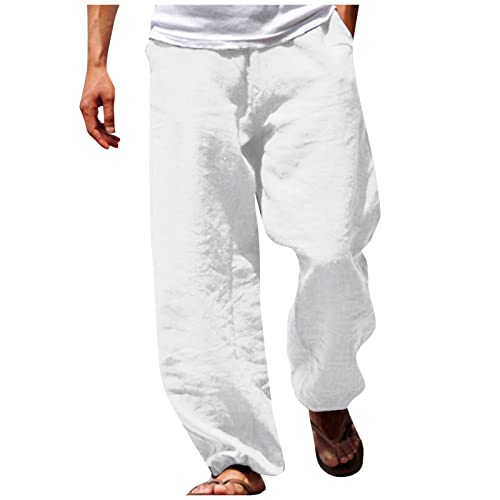 Leinenhose Herren Freizeithose Herren Jogging Hose Herren Leicht Sommerhose Herrenhosen Übergröße Baumwollehosen Loose Fit Casual Strandhosen Loungewear Jogginghose Herren Baumwolle Weiß L von Generic