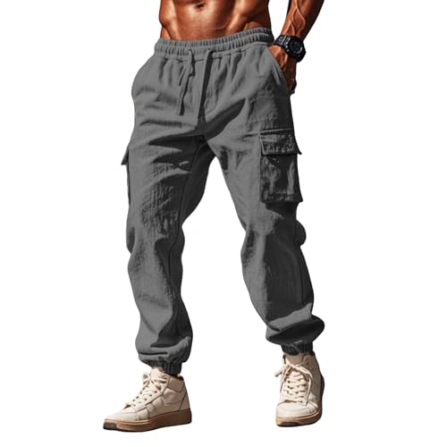 Leinenhose Herren Hose Chino Cargo Hose Leicht Weisse Jogginghose Freizeithose Männer Yoga Sommerhose mit Taschen Sporthose Casual Sweatpants von Generic