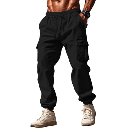 Leinenhose Herren Hose Chino Cargo Hose Leicht Weisse Jogginghose Freizeithose Männer Yoga Sommerhose mit Taschen Sporthose Casual Sweatpants von Generic