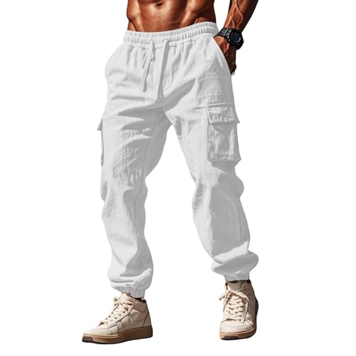 Leinenhose Herren Hose Chino Cargo Hose Leicht Weisse Jogginghose Freizeithose Männer Yoga Sommerhose mit Taschen Sporthose Casual Sweatpants von Generic