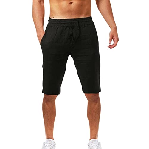 Leinenhose Herren Kurz Schwarz - Sommerhose Herren Leicht 3/4 Leinenhosen Loose Fit Freizeithose Kurze Sporthose Dünn Caprihose Bermuda Shorts Für Männer Strandhosen-Leinenshorts/Leinenhosen von Generic