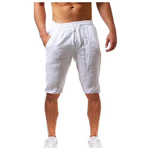 Leinenhose Herren Kurz Weiss Sommerhose Leicht 3/4 Leinenshorts Loose Fit Freizeithose Männer Leinen-Strandhosen Outdoor Hosen Kurze Sporthose/Trainingshose/Leinenhosen/Freizeithose von Generic