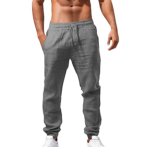 Leinenhose Herren Lang 2024 Leichte Sommerhose mit Taschen Locker Bequeme Strandhose Loose Fit Freizeithose Übergröße Casual Hose Atmungsaktiv Leinen Baumwolle Stoffhose für Urlaub Strand Alltag von Generic