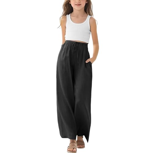 Leinenhose Mädchen Baggy Leinen Weites Bein Hose Boho Hohe Taille Freizeithose Einfarbige Leichte Dünne Jogginghose Kinder Hosen mit Gummizug Bund Sommer Lässige Jogginganzug (Black, 10-11 Years) von Generic