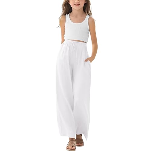 Leinenhose Mädchen Baggy Leinen Weites Bein Hose Boho Hohe Taille Freizeithose Einfarbige Leichte Dünne Jogginghose Kinder Hosen mit Gummizug Bund Sommer Lässige Jogginganzug (White, 12-13 Years) von Generic