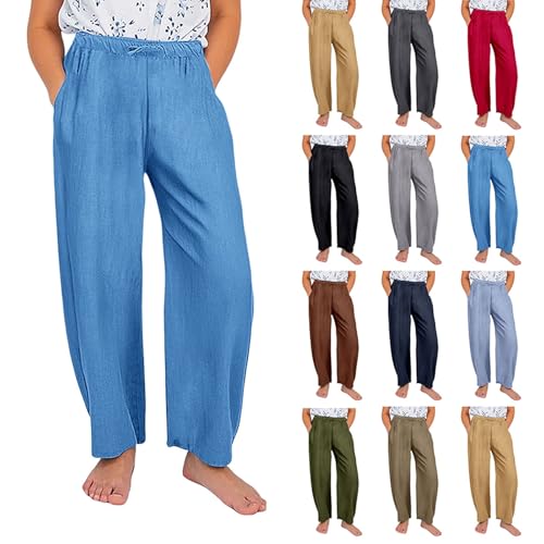 Leinenhose Mädchen Gummibund Y2K Freizeithose Kinder Baumwolle Leinen Sommerhose Einfarbig High Waist Sporthose Weite Bein Baggy Hosen (Brown, 13-14 Years) von Generic