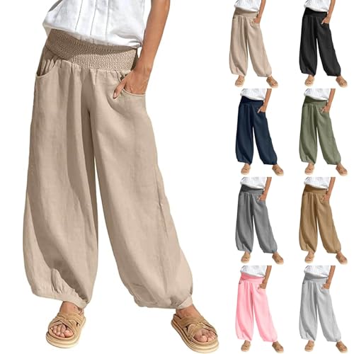 Leinenhose Sommerhose Damen - Leichte Stoffhose Elastische Taille Freizeithose Boho Strandhose Einfarbig Bequeme Musselin Hose Weites Bein Yogahose Lässige Haremhose Mit Taschen von Generic