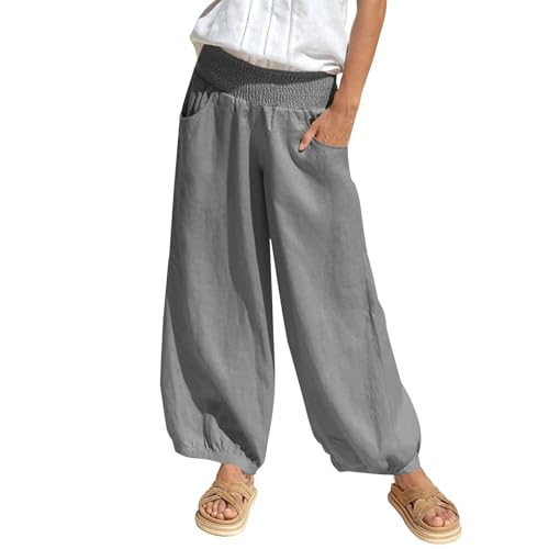 Leinenhose Sommerhose Damen - Leichte Stoffhose Elastische Taille Freizeithose Boho Strandhose Einfarbig Bequeme Musselin Hose Weites Bein Yogahose Lässige Haremhose Mit Taschen von Generic